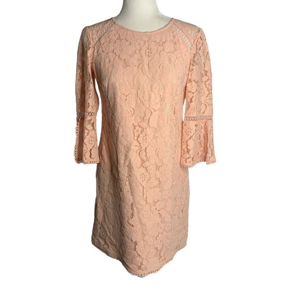 Vince Camuto Floral Lace Mini Dress 4 Pink Bell Sleeves Sheath Round Neck Zipper
